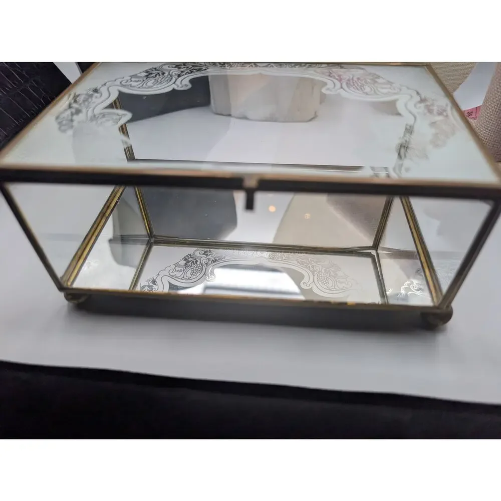 Vintage Brass & Etched Frosted Glass Display Box Trinket Jewelry Casket Vanity